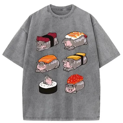 Tokyo-Assassin Cute Hippo Sushi Washed T-Shirt-Tokyo Assassin