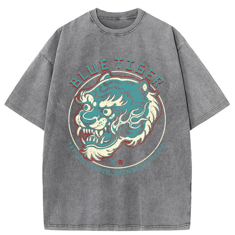 Tokyo-Assassin Blue Tiger Japanese Washed T-Shirt-Tokyo-Assassin