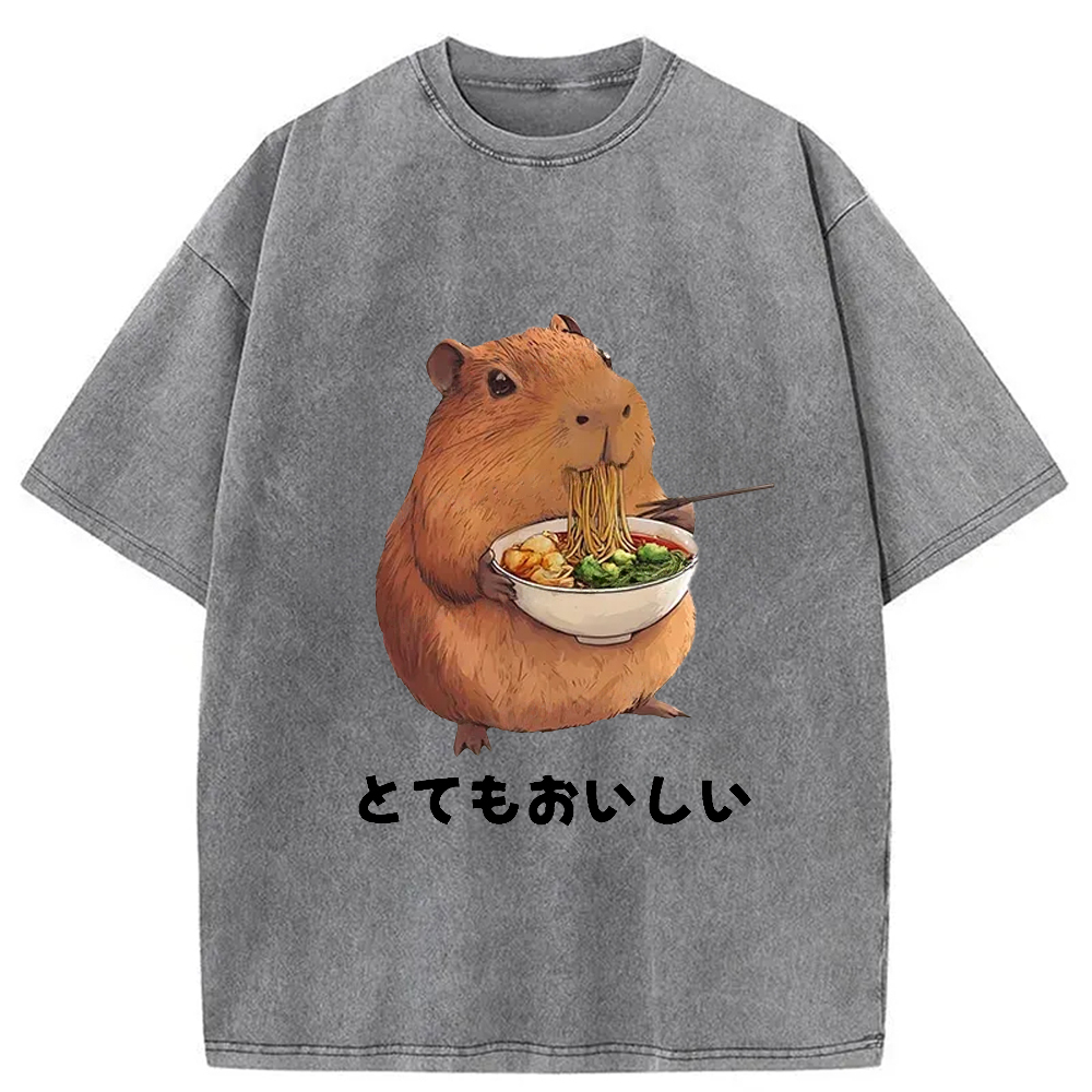 Tokyo-Assassin Capybara Eating Japanese Ramen Washed T-Shirt-Tokyo-Assassin