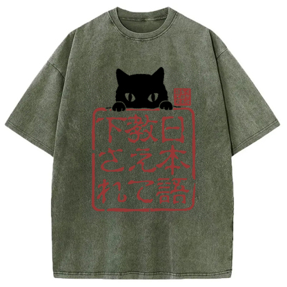 Tokyo-Assassin Please Teach Cat Japanese Washed T-Shirt-Tokyo-Assassin
