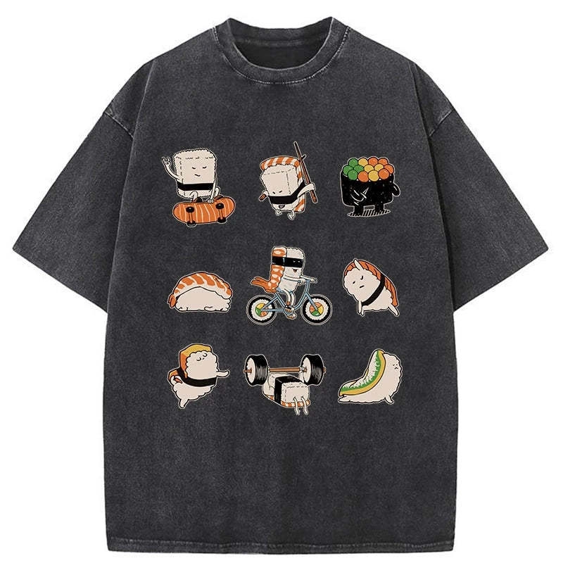 Tokyo-Assassin Cute Sports Sushi Washed T-Shirt-Tokyo Assassin