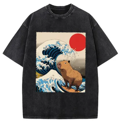 Tokyo-Assassin Funny Capybara Surfing Washed T-Shirt-Tokyo-Assassin