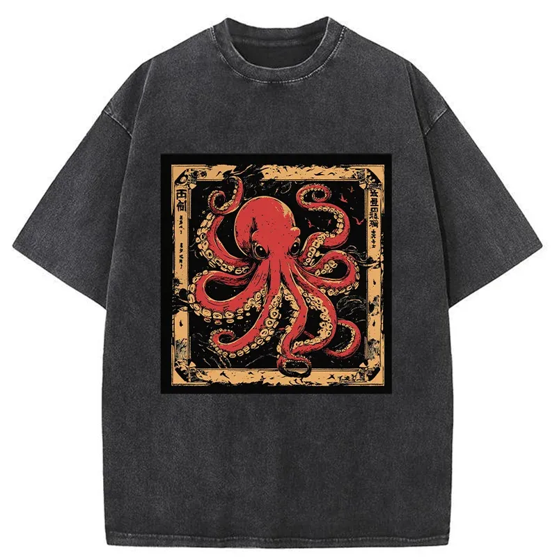 Tokyo-Assassin Retro Japanese Octopus Washed T-Shirt-Tokyo-Assassin