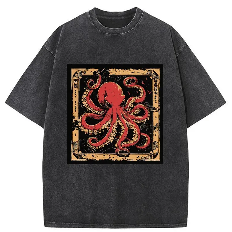 Tokyo-Assassin Retro Japanese Octopus Washed T-Shirt-Tokyo-Assassin