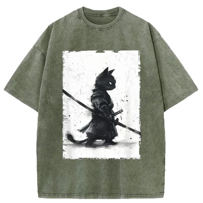 Tokyo-Assassin Retro Cat Samurai Japanese Washed T-Shirt-Tokyo-Assassin