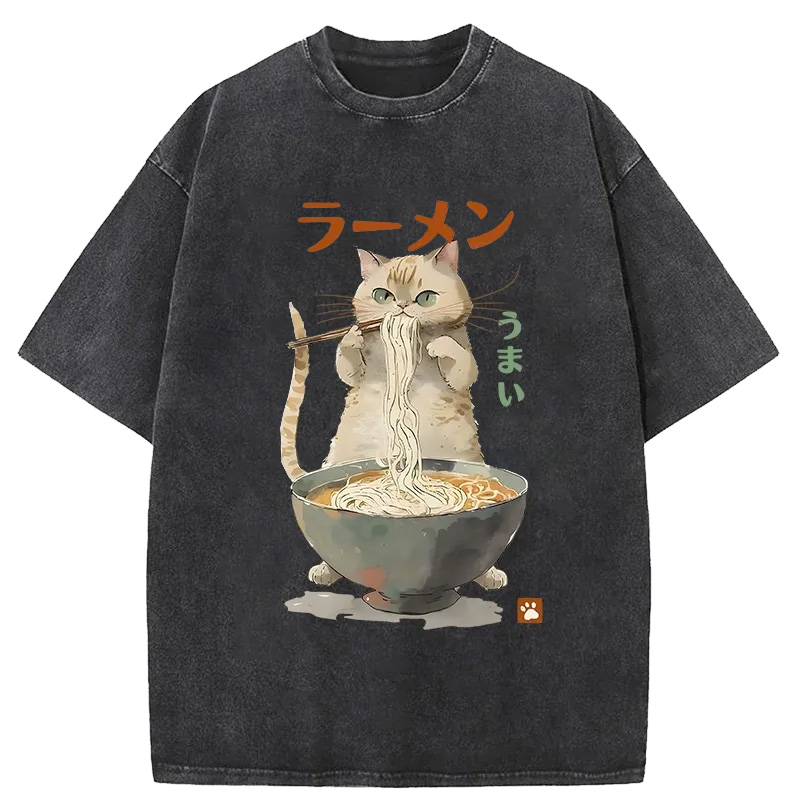 Tokyo-Assassin Cute Cat Eating Yummy Ramen Washed T-Shirt-Tokyo-Assassin
