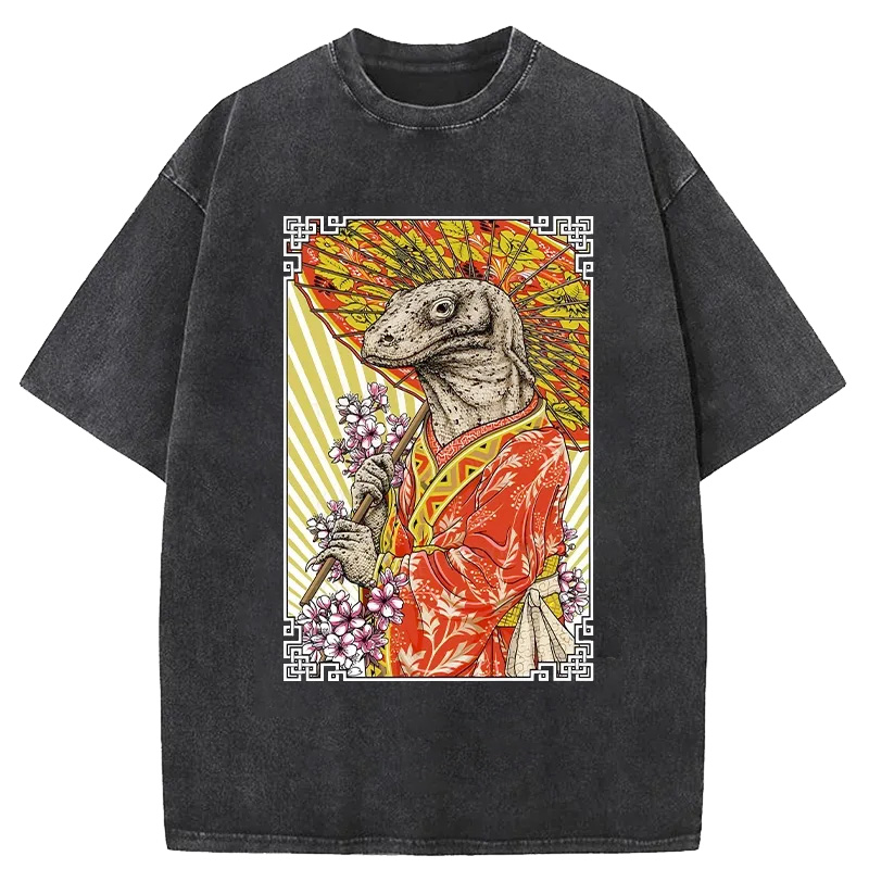 Tokyo-Assassin Elegant Lizard Holding An Umbrella Washed T-Shirt-Tokyo-Assassin