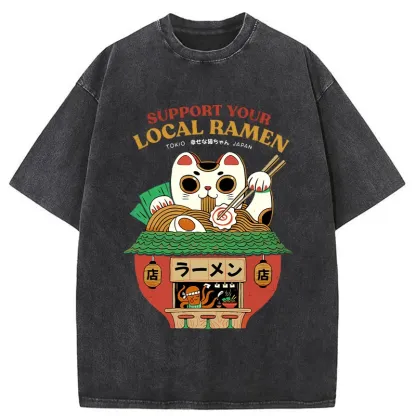 Tokyo-Assassin Lucky Cat Eating Ramen Mic Washed T-Shirt-Tokyo-Assassin