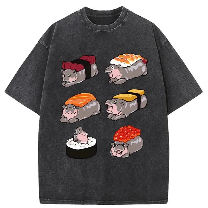 Tokyo-Assassin Cute Hippo Sushi Washed T-Shirt-Tokyo Assassin
