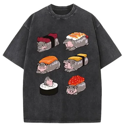Tokyo-Assassin Cute Hippo Sushi Washed T-Shirt-Tokyo Assassin