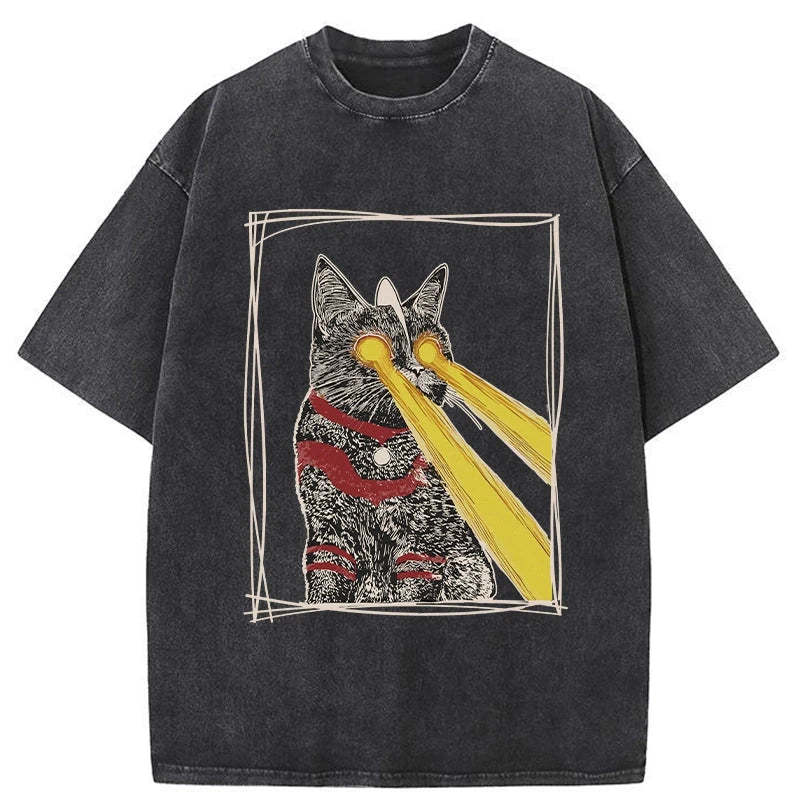 Tokyo-Assassin Laser Eye Cat Washed T-Shirt-Tokyo-Assassin