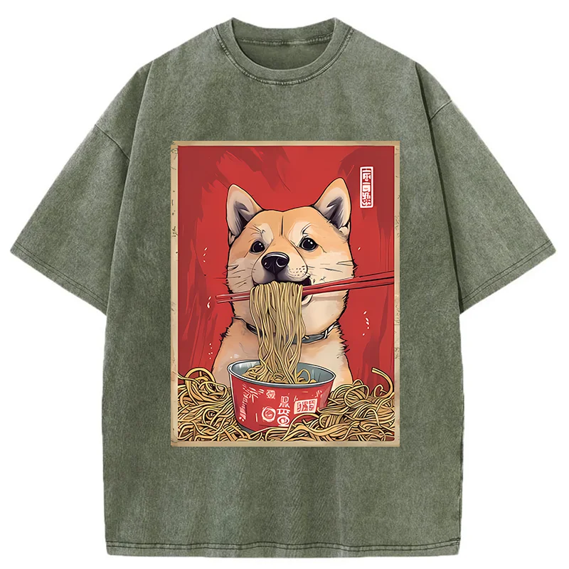 Tokyo-Assassin Shiba Lnu Eating Ramen Washed T-Shirt-Tokyo Assassin