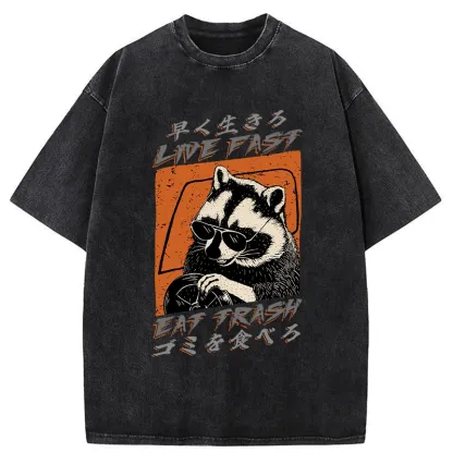 Tokyo-Assassin Raccoon Live Fast Eat Trash Washed T-Shirt-Tokyo-Assassin