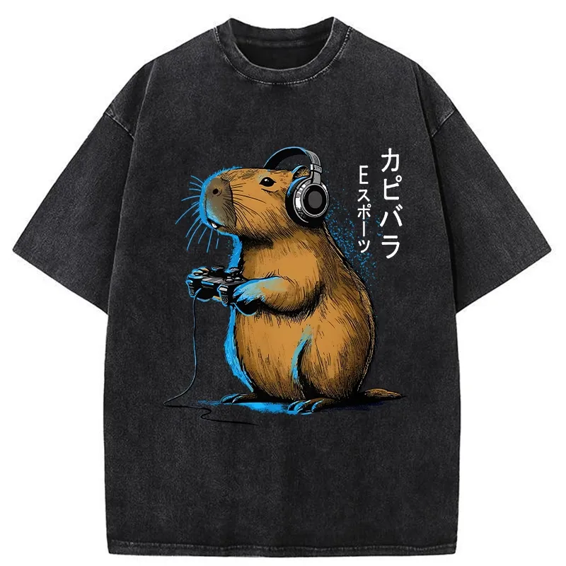 Tokyo-Assassin Capybara Playing E-sports Washed T-Shirt-Tokyo-Assassin