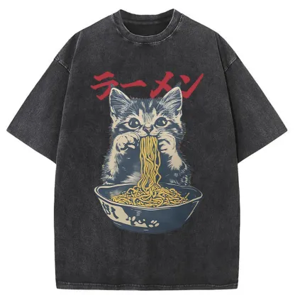 Tokyo-Assassin Cute Cat Is Eating Ramen Washed T-Shirt-Tokyo-Assassin