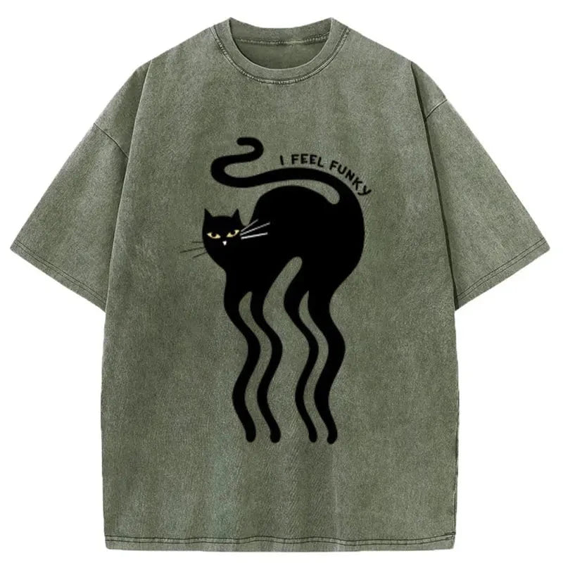 Tokyo-Assassin Wave Funny Cat Washed T-Shirt-Tokyo-Assassin