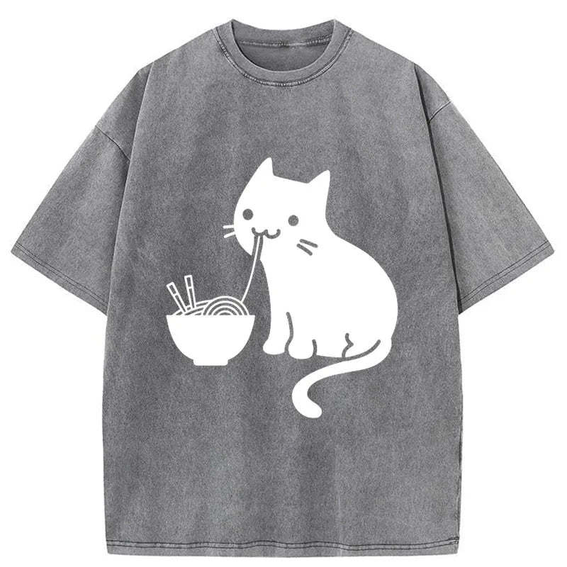 Tokyo-Assassin Cat Eating Ramen Japan Washed T-Shirt-Tokyo Assassin