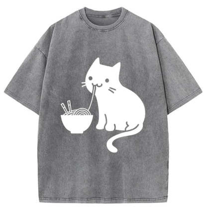Tokyo-Assassin Cat Eating Ramen Japan Washed T-Shirt-Tokyo Assassin