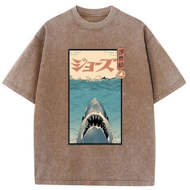 Tokyo-Assassin Great White Shark Japanese Washed T-Shirt-Tokyo-Assassin