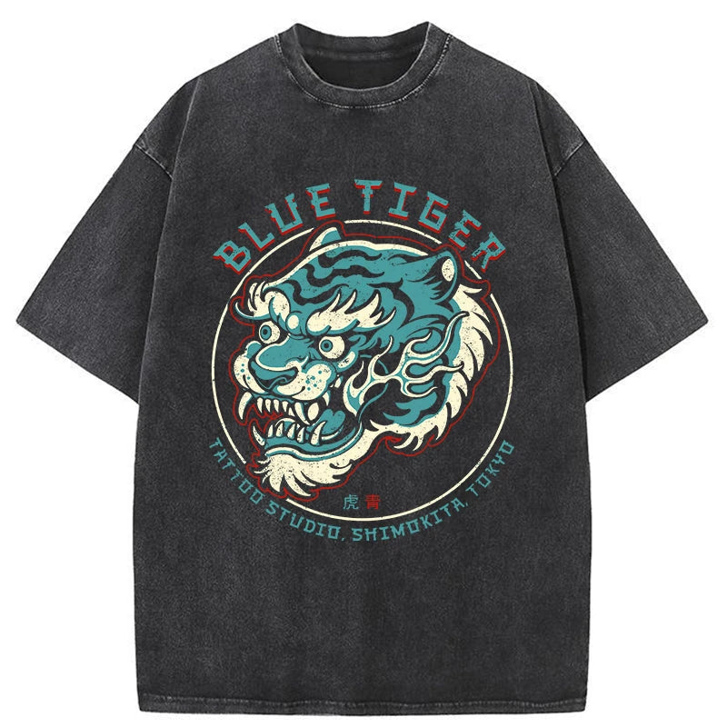 Tokyo-Assassin Blue Tiger Japanese Washed T-Shirt-Tokyo-Assassin