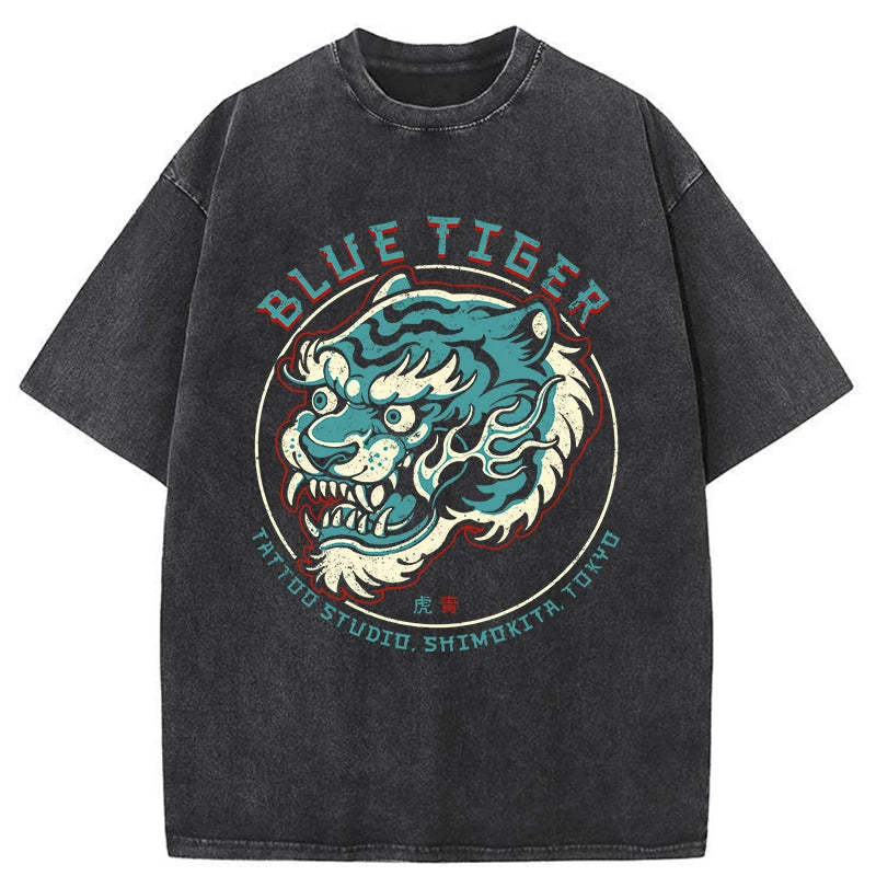Tokyo-Assassin Blue Tiger Japanese Washed T-Shirt-Tokyo-Assassin