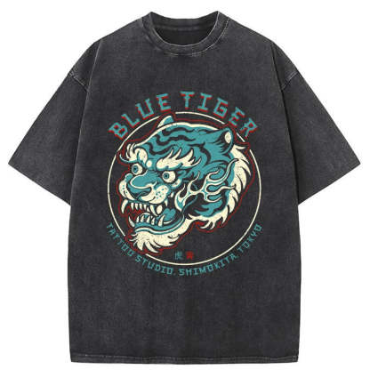 Tokyo-Assassin Blue Tiger Japanese Washed T-Shirt-Tokyo-Assassin