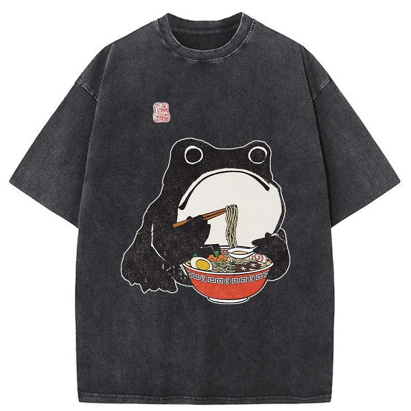Tokyo-Assassin Funny Frog Eating Ramen Washed T-Shirt-Tokyo-Assassin