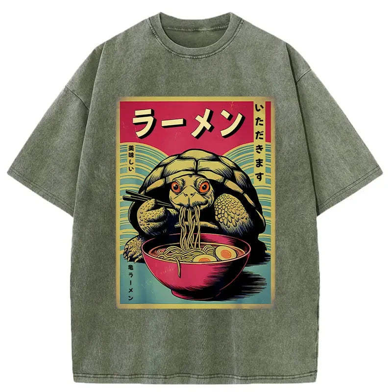 Tokyo-Assassin Turtle Eating Ramen Washed T-Shirt-Tokyo-Assassin