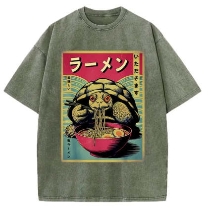 Tokyo-Assassin Turtle Eating Ramen Washed T-Shirt-Tokyo-Assassin