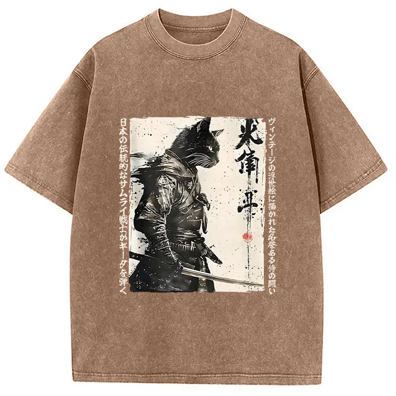Tokyo-Assassin Cat Samurai Retro Washed T-Shirt-Tokyo-Assassin