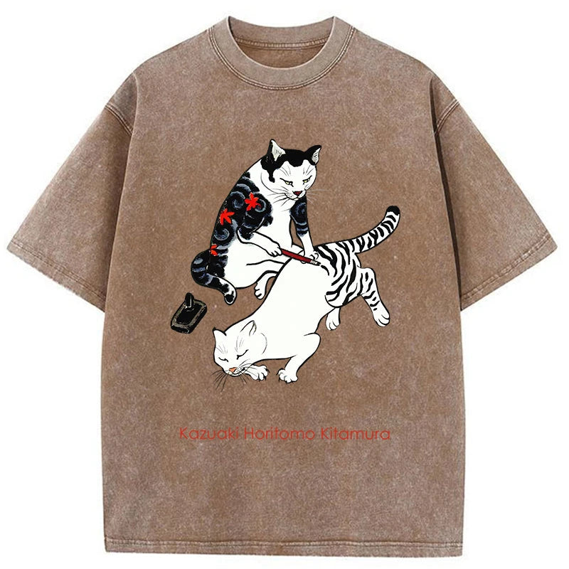 Tokyo-Assassin The Cat Is Tattooing Washed T-Shirt-Tokyo-Assassin