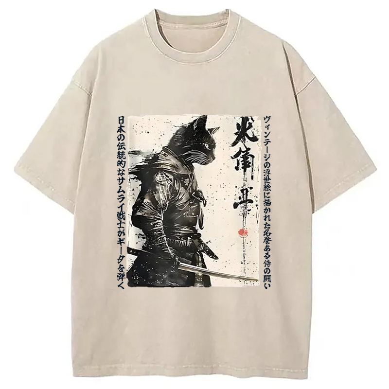 Tokyo-Assassin Cat Samurai Retro Washed T-Shirt-Tokyo-Assassin