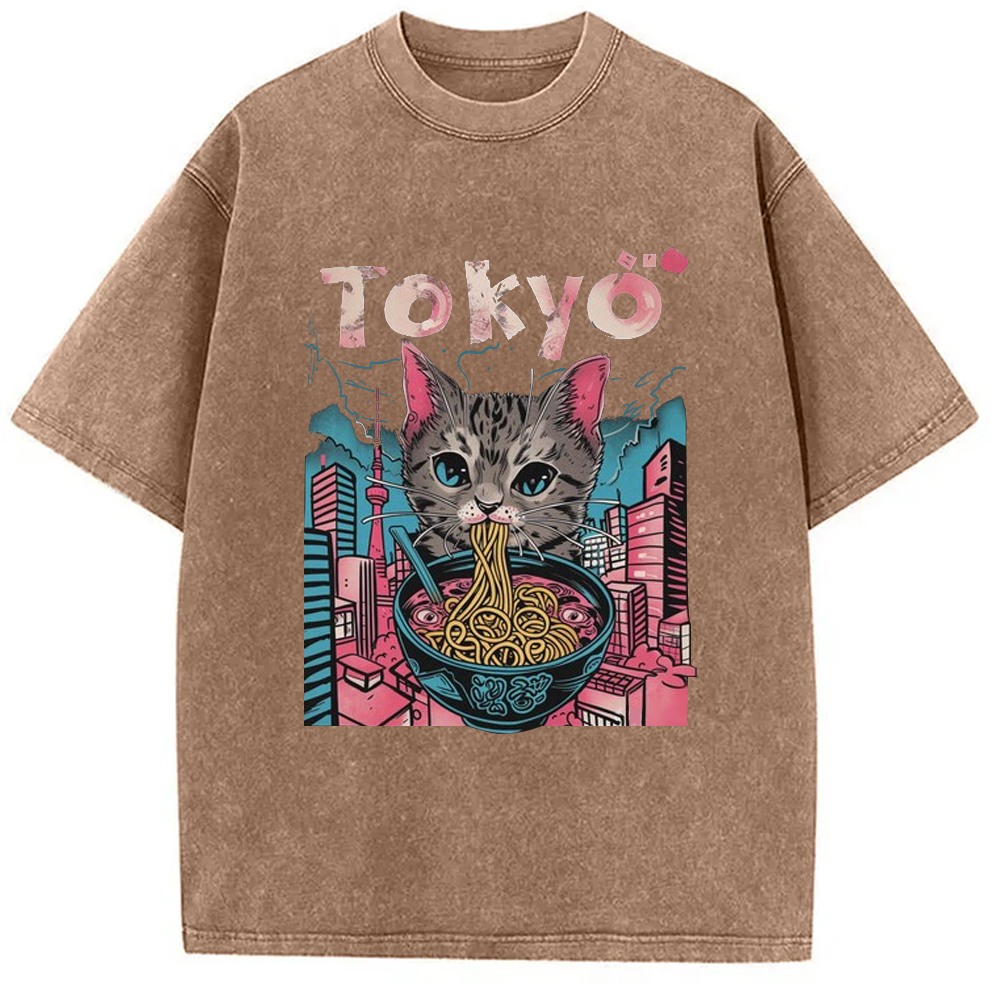 Tokyo-Assassin Tokyo Ramen Pink Cat Washed T-Shirt-Tokyo-Assassin