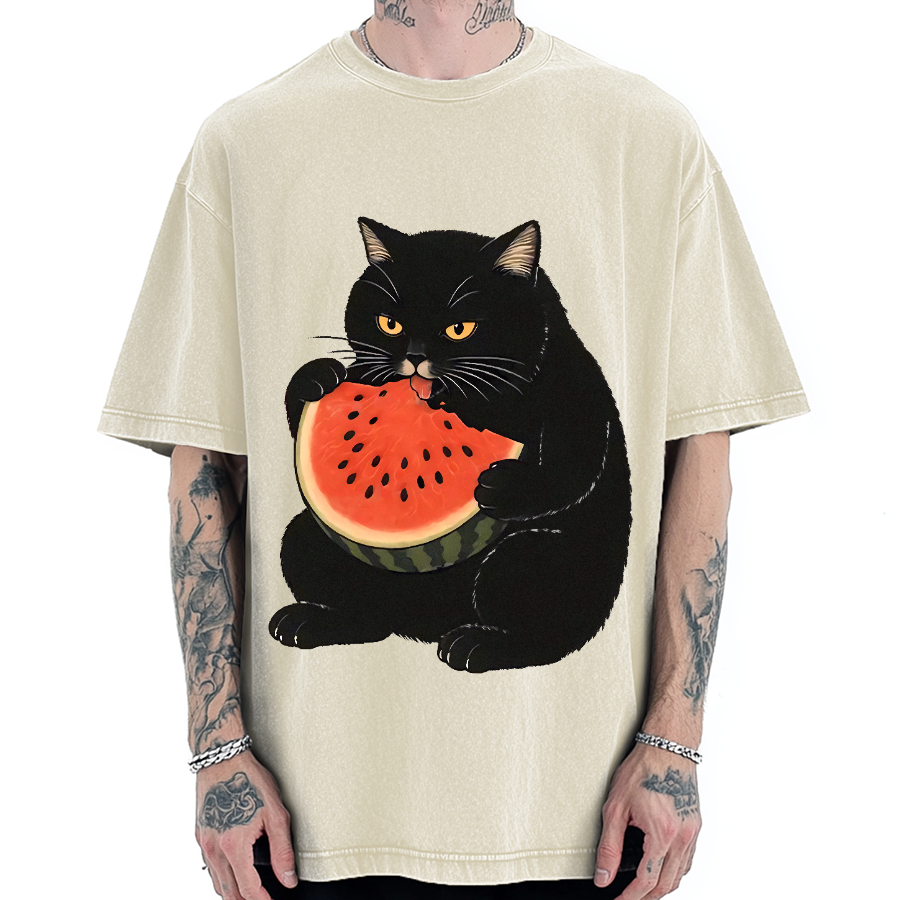 Black cat eating watermelon Vintage Washed T-shirt