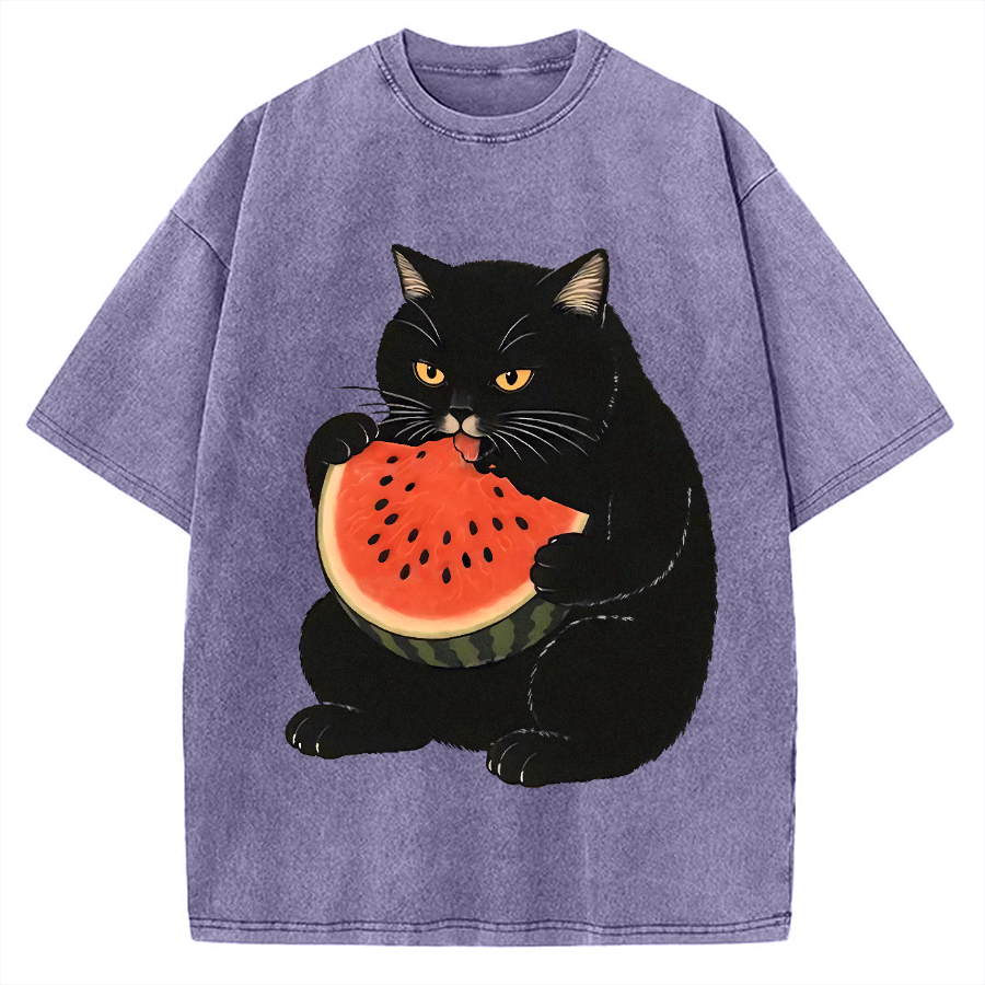 Black cat eating watermelon Vintage Washed T-shirt