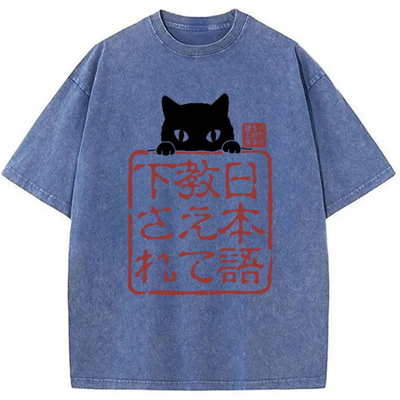 Tokyo-Assassin Please Teach Cat Japanese Washed T-Shirt-Tokyo-Assassin