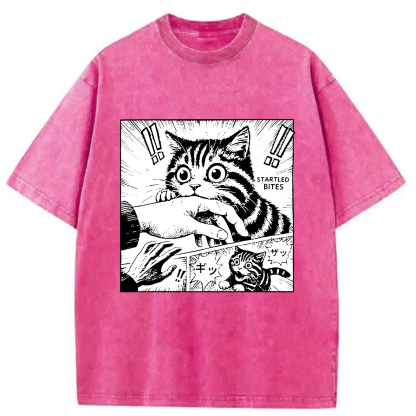 Tokyo-Assassin Cat Biting Funny Washed T-Shirt-Tokyo-Assassin