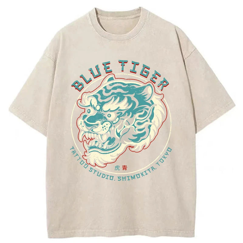 Tokyo-Assassin Blue Tiger Japanese Washed T-Shirt-Tokyo-Assassin