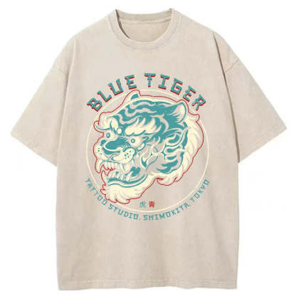 Tokyo-Assassin Blue Tiger Japanese Washed T-Shirt-Tokyo-Assassin