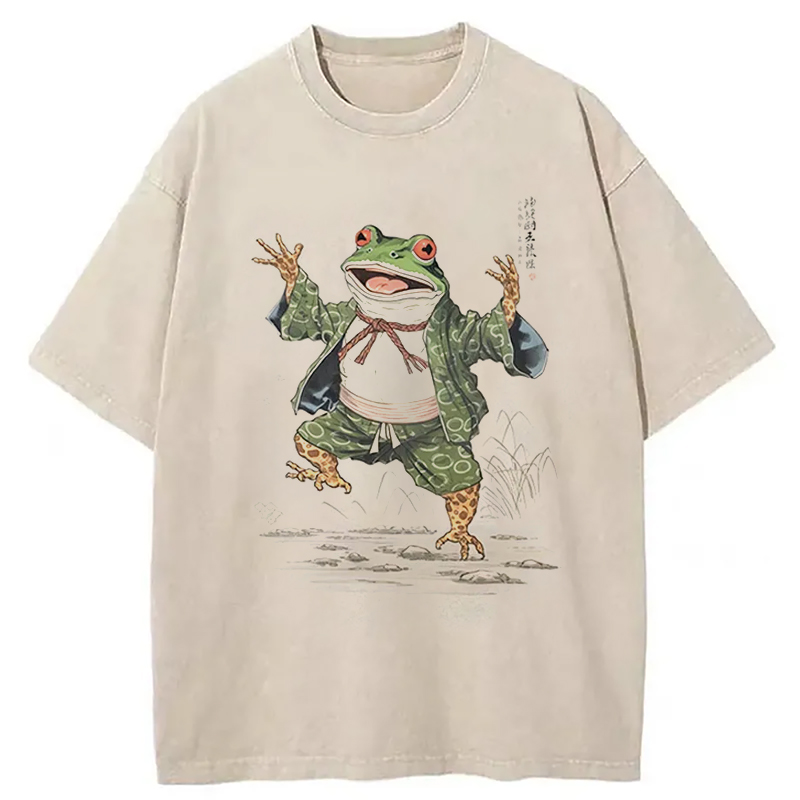 Tokyo-Assassin Frog Dancing Japanese Art Vintage Washed T-Shirt-Tokyo-Assassin