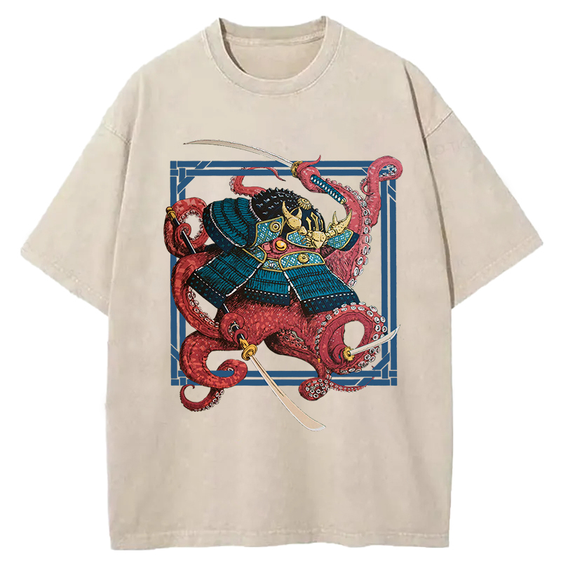 Tokyo-Assassin Samurai Octopus Swinging Sword Washed T-Shirt-Tokyo-Assassin