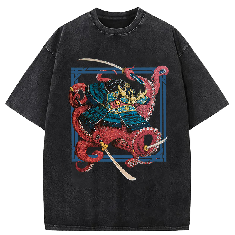 Tokyo-Assassin Samurai Octopus Swinging Sword Washed T-Shirt-Tokyo-Assassin