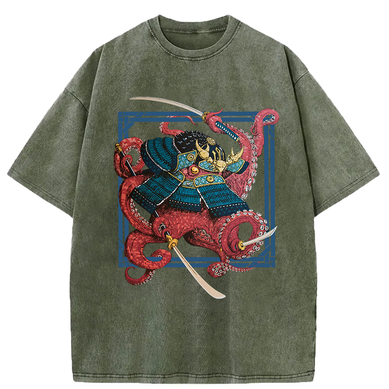 Tokyo-Assassin Samurai Octopus Swinging Sword Washed T-Shirt-Tokyo-Assassin