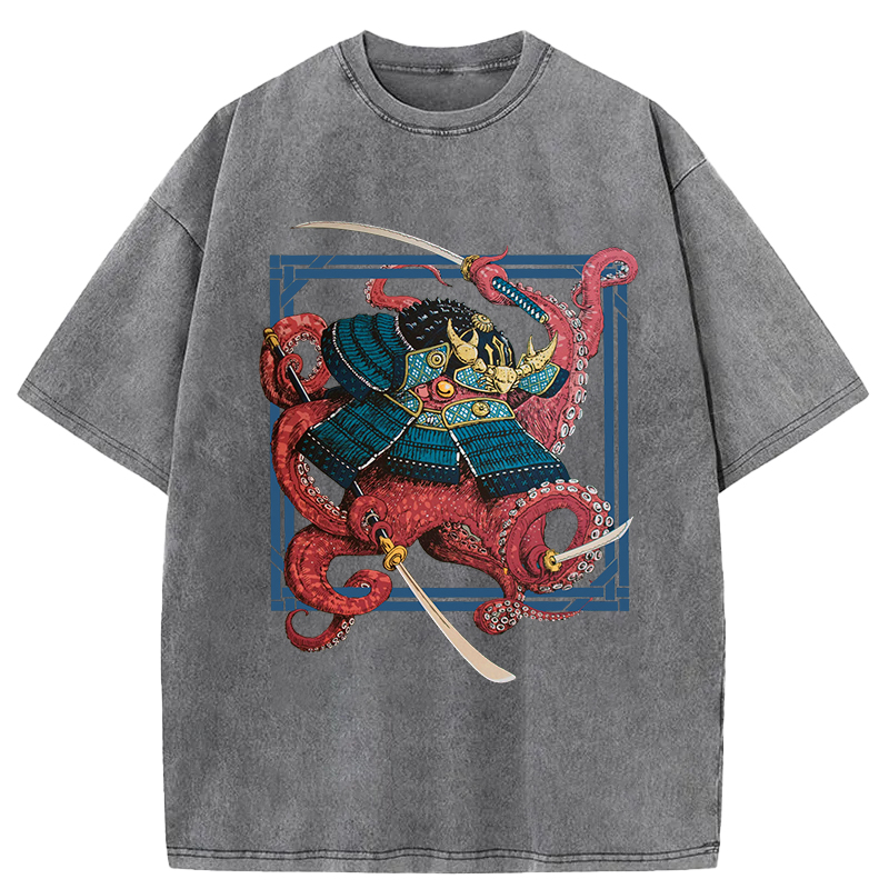 Tokyo-Assassin Samurai Octopus Swinging Sword Washed T-Shirt-Tokyo-Assassin