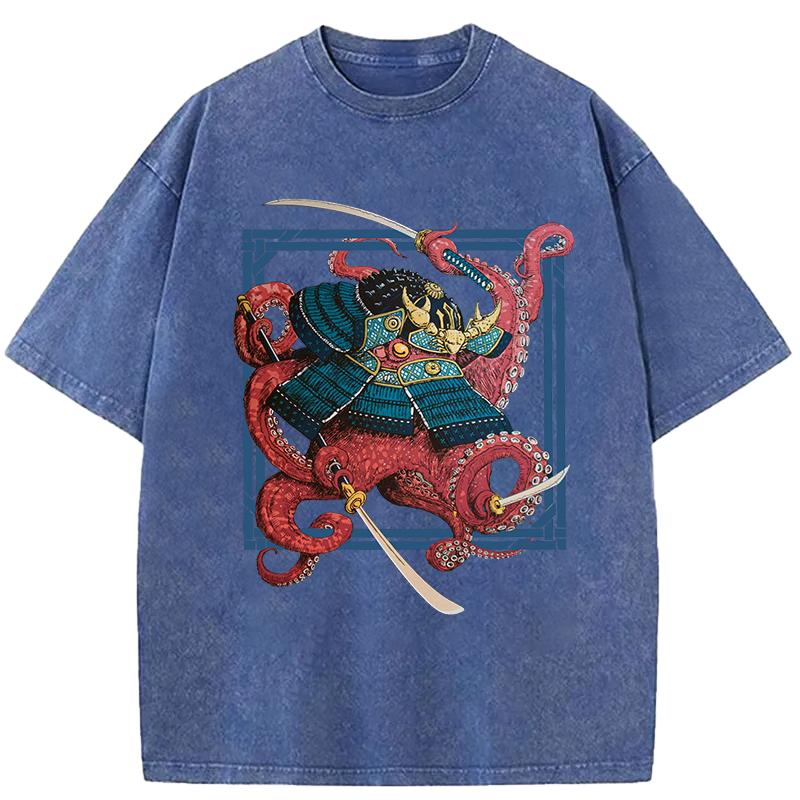Tokyo-Assassin Samurai Octopus Swinging Sword Washed T-Shirt-Tokyo-Assassin