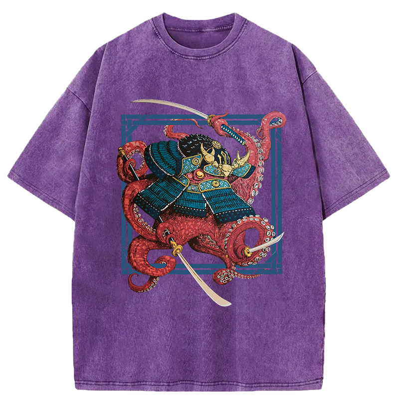 Tokyo-Assassin Samurai Octopus Swinging Sword Washed T-Shirt-Tokyo-Assassin