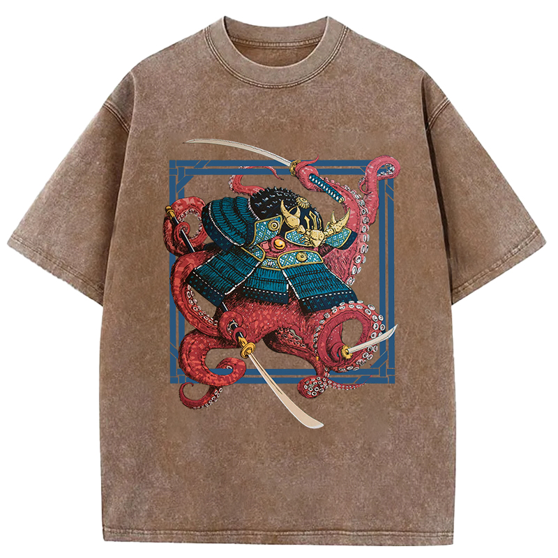 Tokyo-Assassin Samurai Octopus Swinging Sword Washed T-Shirt-Tokyo-Assassin