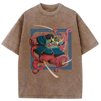 Tokyo-Assassin Samurai Octopus Swinging Sword Washed T-Shirt-Tokyo-Assassin