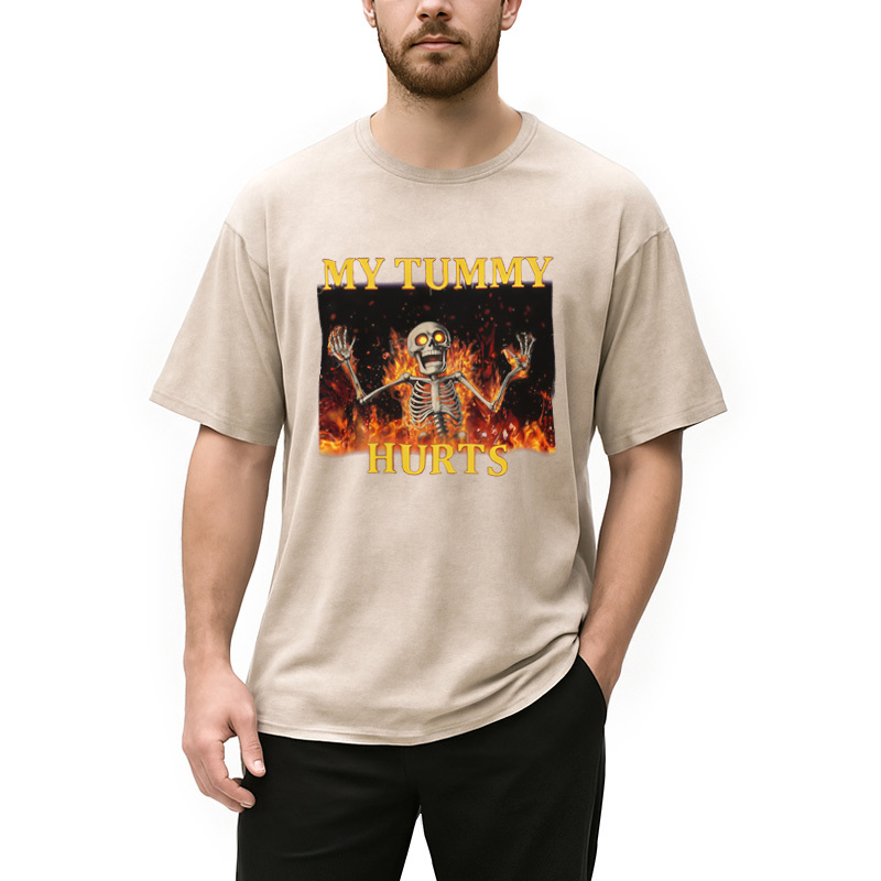 Tokyo-Assassin Skeleton Tummy Hurts Washed T-Shirt-Tokyo-Assassin