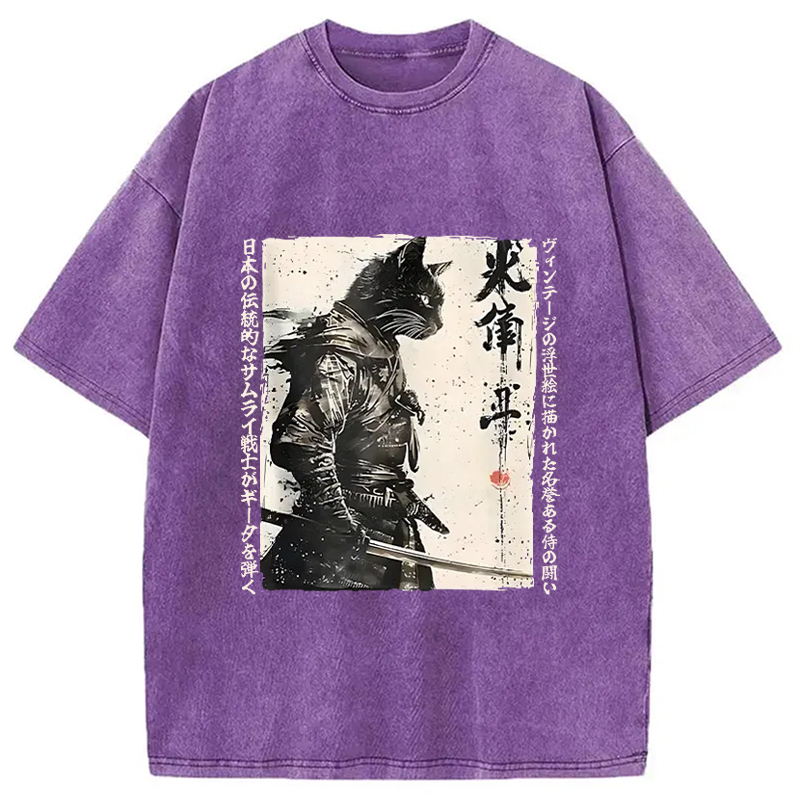 Tokyo-Assassin Cat Samurai Retro Washed T-Shirt-Tokyo-Assassin